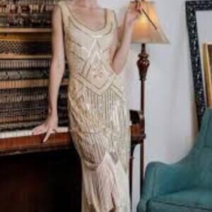 Unique Vintage 1920s Flapper Fringe Beaded Sequins Fringe Ivory dress Sz M #25